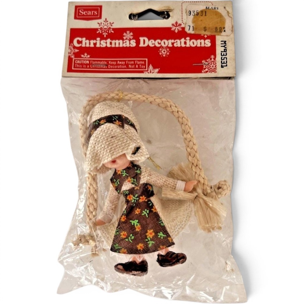 Vintage 1970s Sears Folk Girl Prairie Ornament Holly Hobbie Style New in Package
